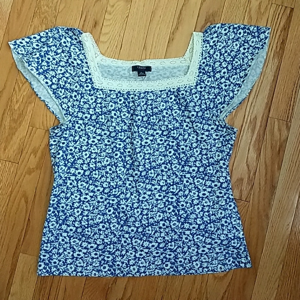 Flutter Sleeve Blue and Off-White Floral Top